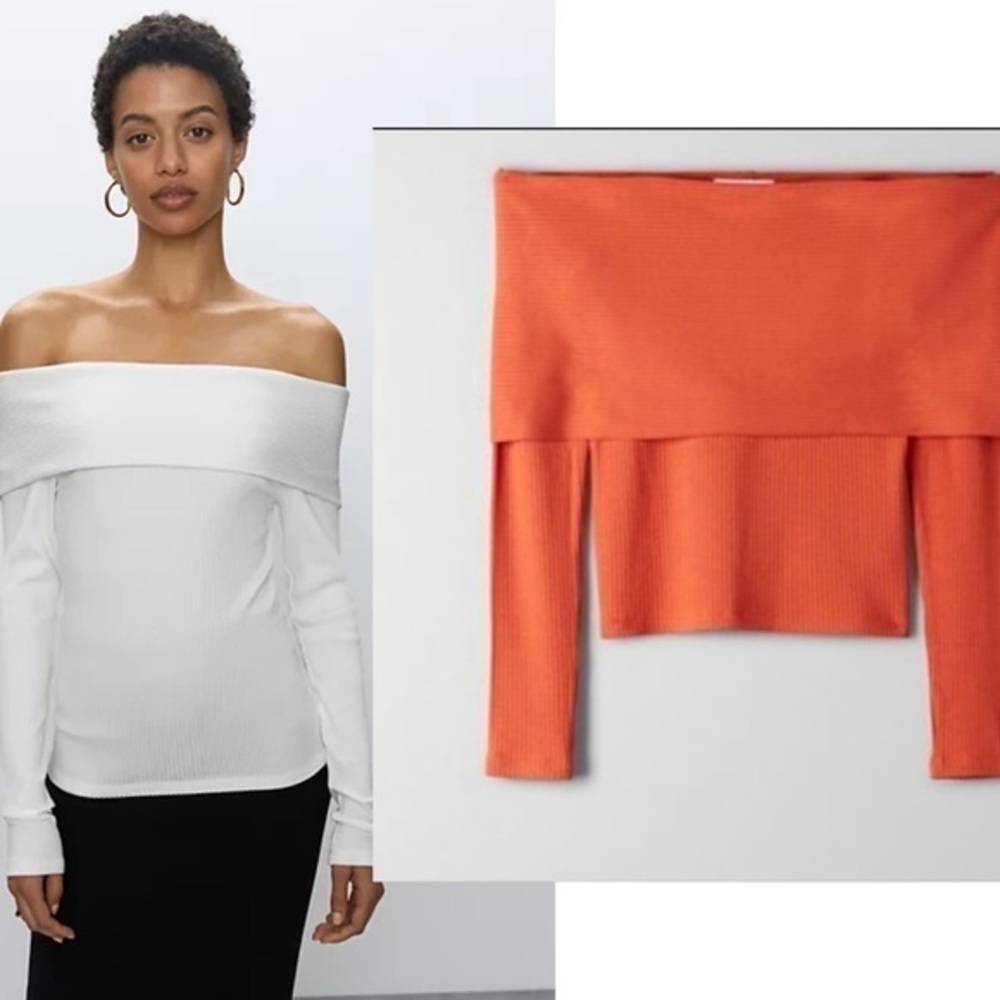 Aritzia Babaton Scala ribbed off the shoulders orange sweater L